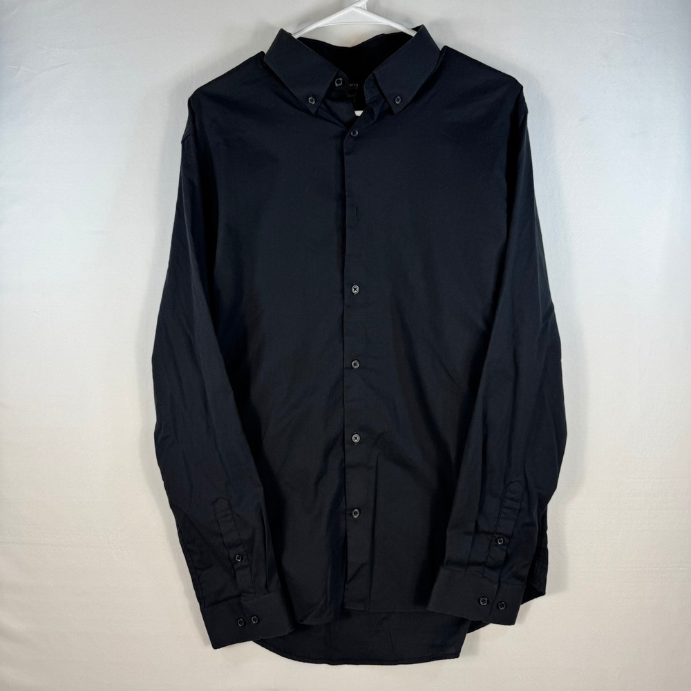 Express Extra Slim 1MX Mens Black Long Sleeve Button Down Shirt Large Stretch